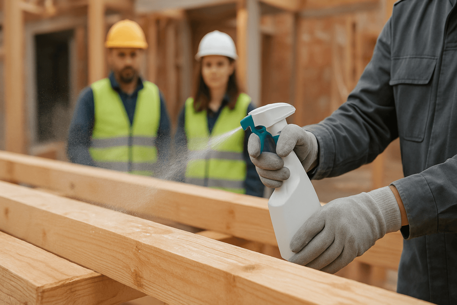Specialist aplicând soluție ignifugă transparentă pe grinzi de lemn la un șantier de construcții.