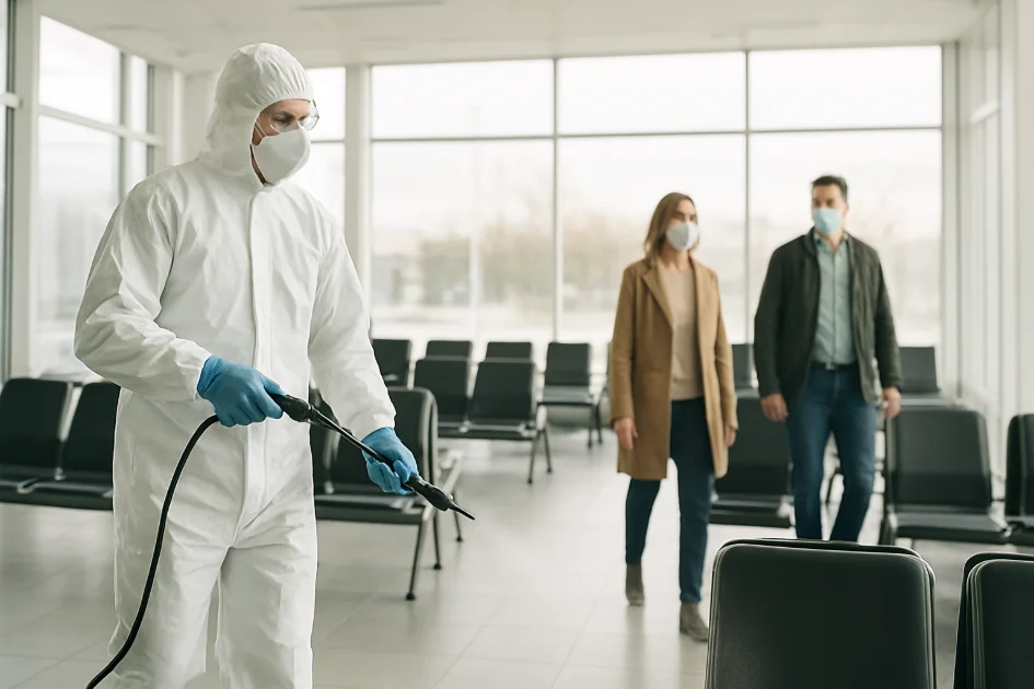 Specialist în echipament de protecție pulverizând dezinfectant într-o sală luminoasă cu scaune goale.
