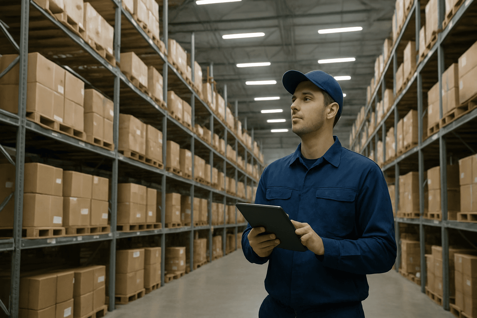Tehnician în uniformă verifică depozit industrial cu rafturi metalice și cutii de carton sub iluminare puternică.