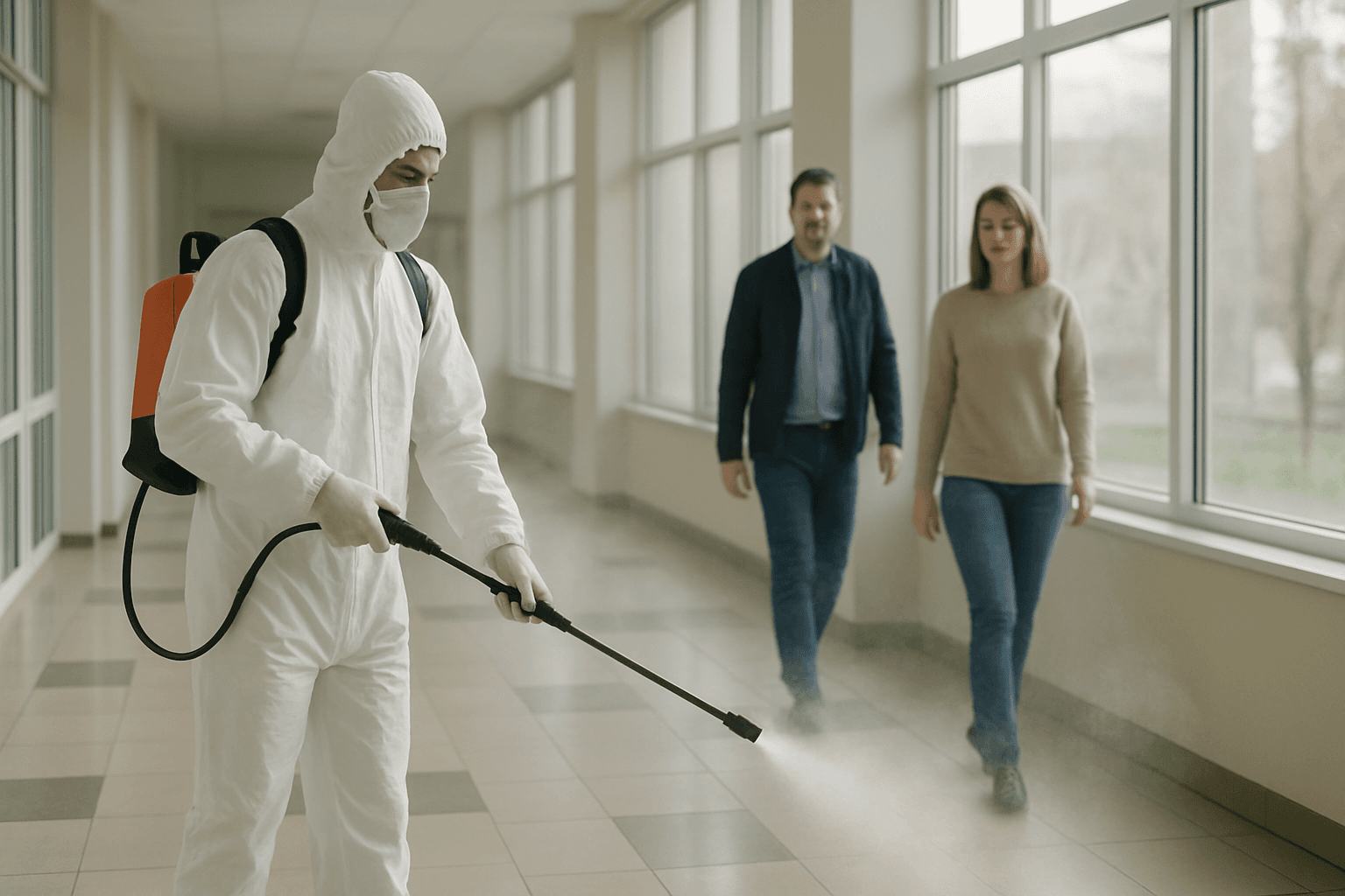 Lucrător în costum alb de protecție pulverizează dezinfectant într-un coridor gol și luminos.