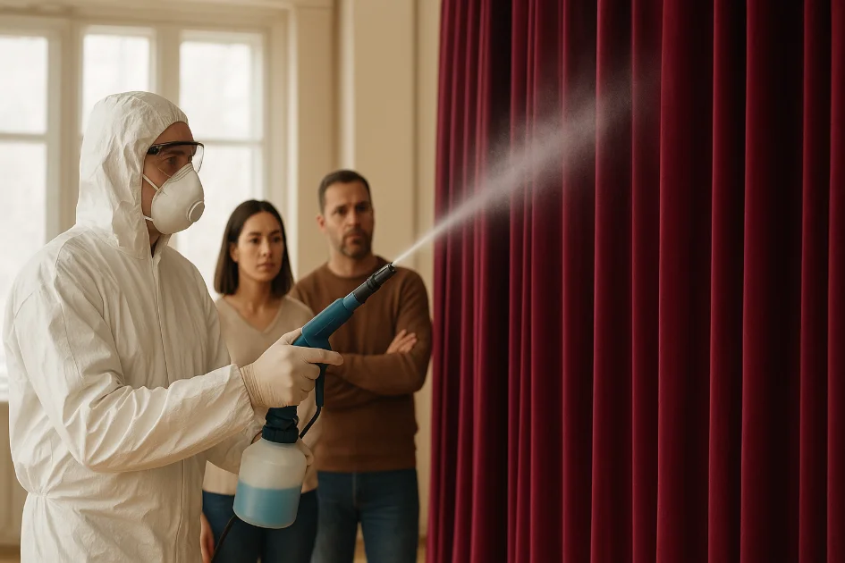 Tehnician aplicând soluție ignifugă pe draperii de catifea bordo, în interior bine luminat.