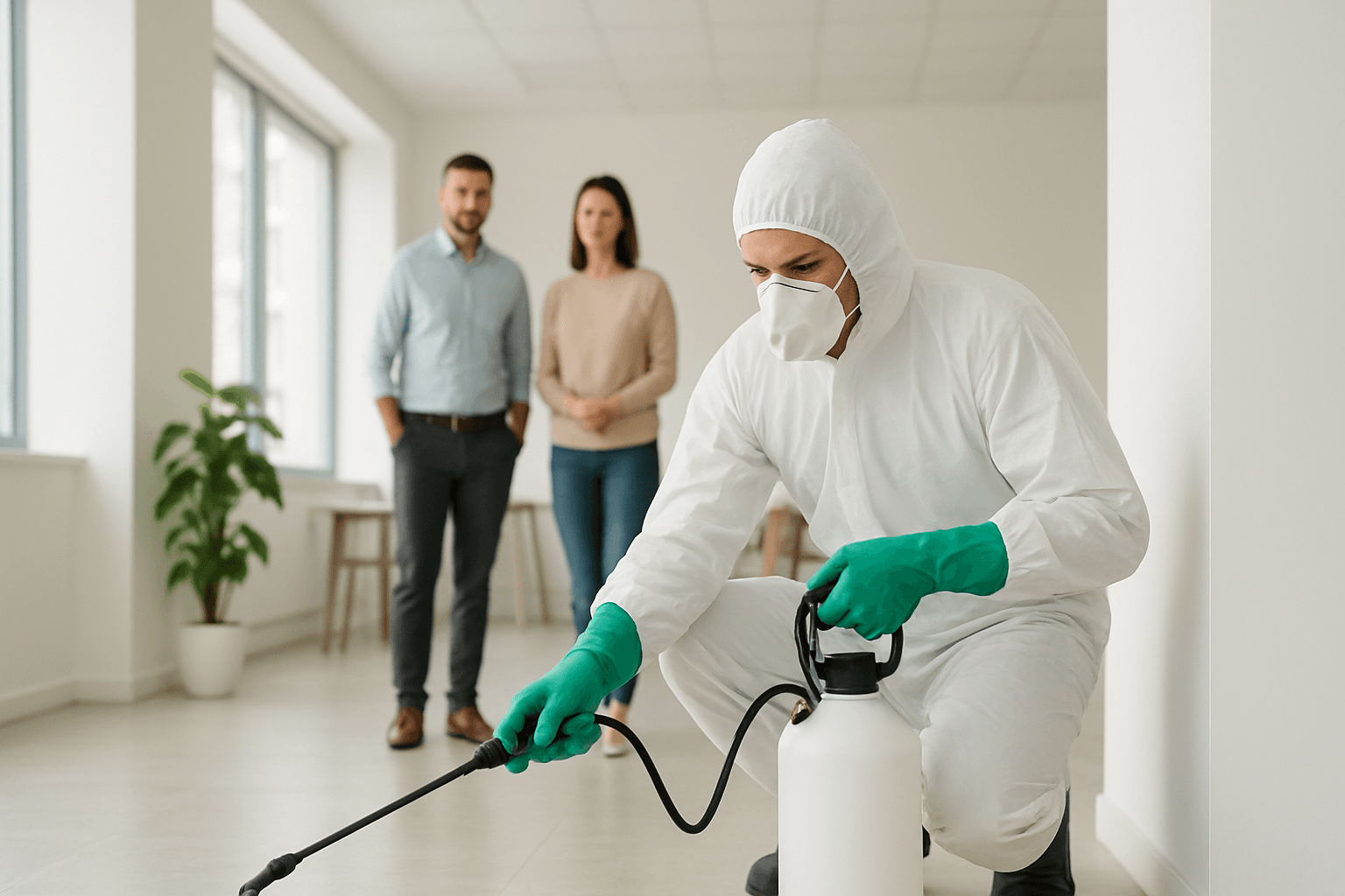 Tehnician DDD în echipament de protecție aplică tratament preventiv într-un spațiu comercial luminos și organizat.